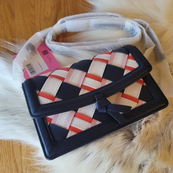 NWT Kate Spade Knott Woven Leather Flap Crossbody K6646 - Blazer Blue Multi - Picture 2 of 11